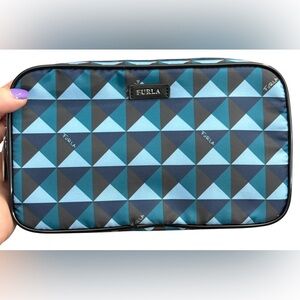 New Furla blue geometric cosmetic pouch with dust bag